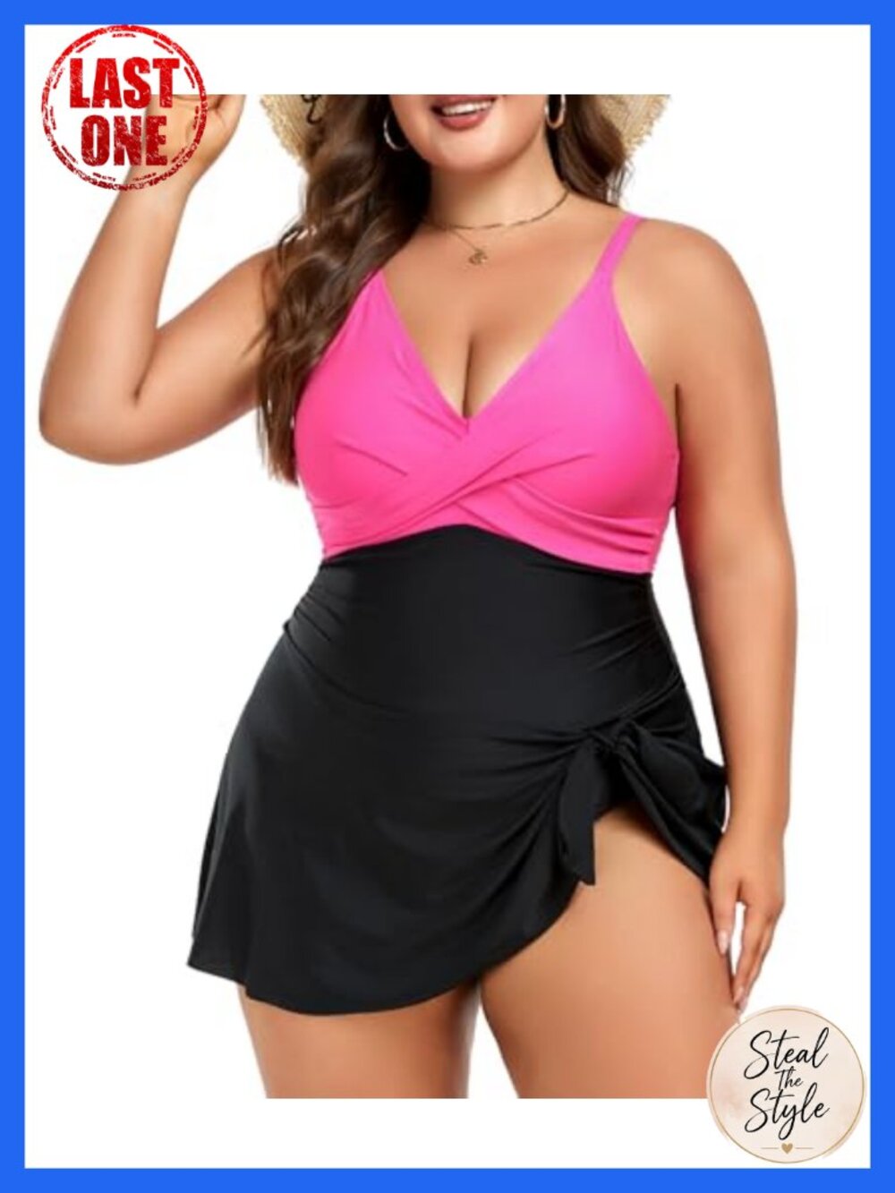 Plus Size Swim Dress One Piece Tummy Control V-Neck Tie Knot Bathing Suit